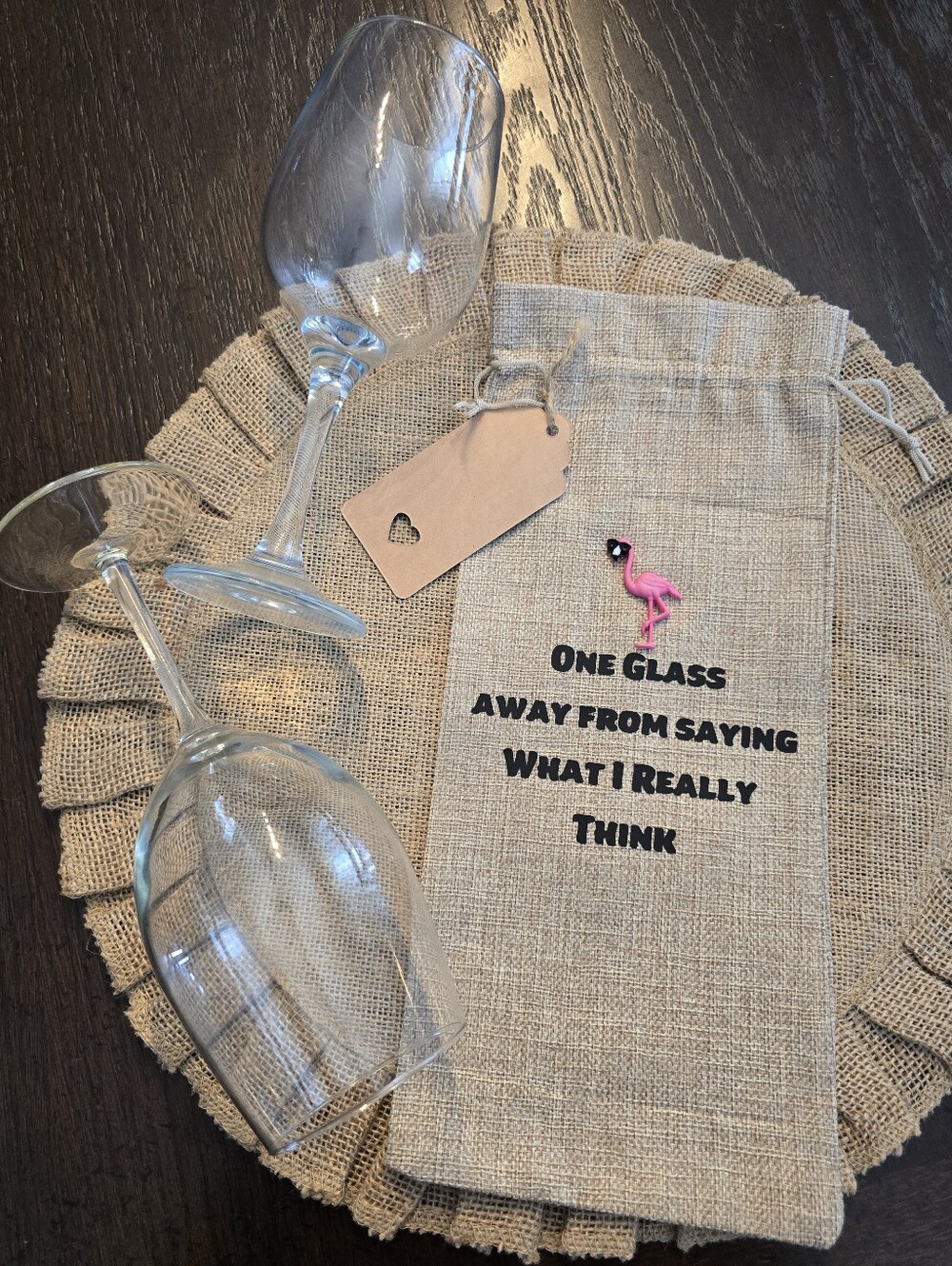 🍷 "One Glass Away" Burlap Wine Bag & Gift Tag – Perfect Fun Gift!🤣